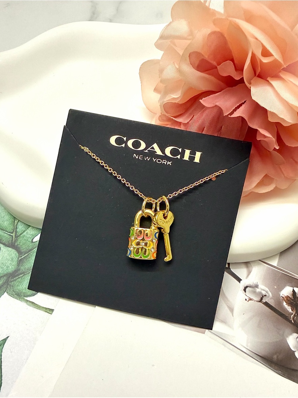 COACH Gold Padlock & Key Necklace in Multicolor Enamel